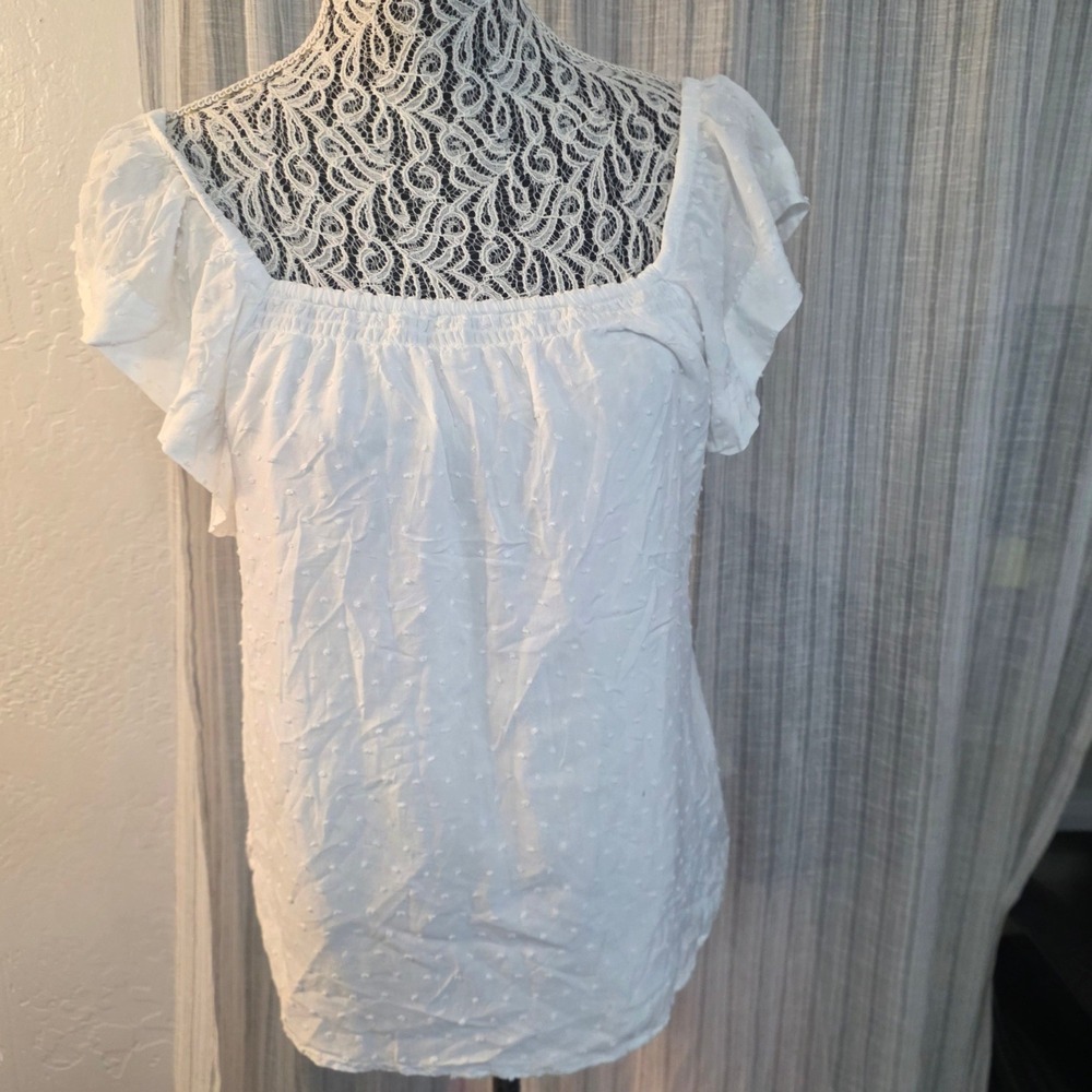 Express Square Neck Flutter Sleeve Blouse Womens S White Swiss Dot Peasant Top